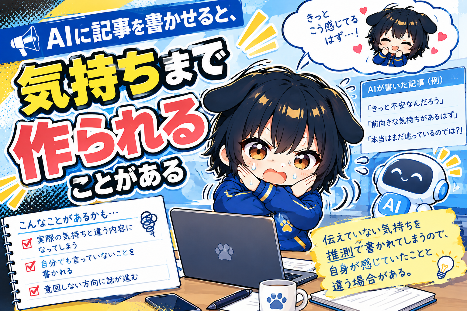 AIに記事を書かせると、気持ちまで作られることがあるというタイトルを伝えるアイキャッチ画像